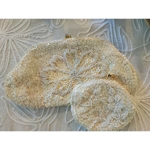 Vintage White Sequin beaded Gold Tone Evening Bag coin purse clutch wedding